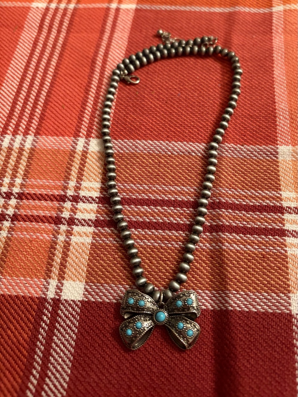 Silver-Tone Beaded Necklace with Turquoise Bow Pendant - Women Accessories